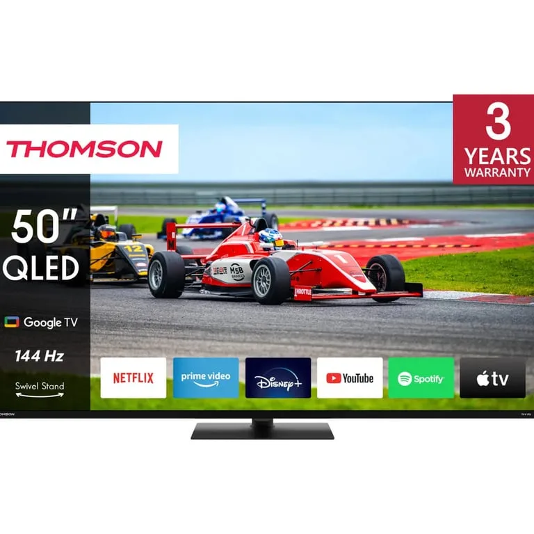 TV LED Thomson Google TV 50 QLED Pro avec pied central rotatif 144Hz 127cm 2024