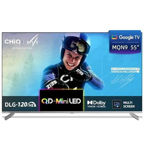 CHiQ M55QN9G Téléviseur 55 Pouces Smart TV 4K Mini QLED Google TV 60Hz DLG 120Hz HDR10 Assistant Google Chromecast intégrés