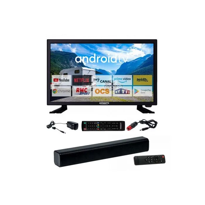 Pack antarion tv led 22 55cm smart tv camping 12v barre de son compacte