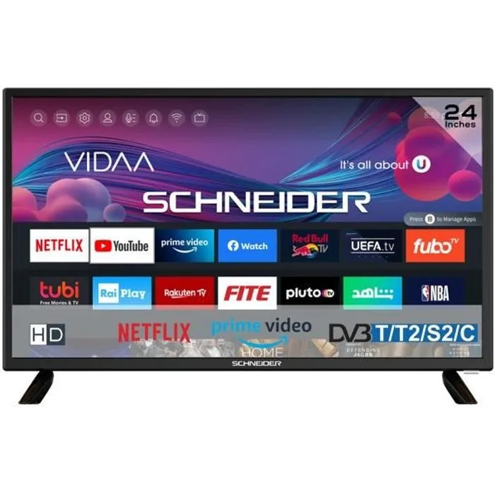 SCHNEIDER SCLED24HV100 TV LED HD 60cm 24 Smart TV 3xHDMI 2xUSB Sortie optique HDR Noir