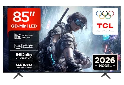 Téléviseur QLED TCL 85T8D 85 pouces QD‑MiniLED 4K HDR (Dolby Vision HDR10 ) Game Master 144Hz Son Onkyo 2.1