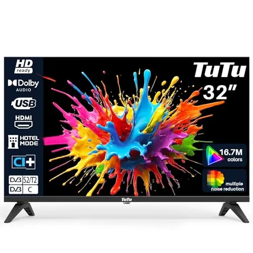 TuTu TV 32 Pouces (80 cm) sans Bord LED HD Ready Téléviseurs avec Triple Tuner (DVB C T2 S2) HDMI CI Lecteur multimédia