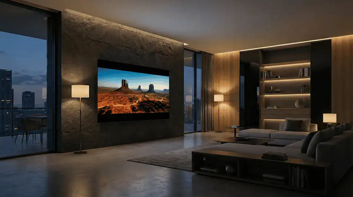 Setup gaming OLED dans un salon sombre en 2026