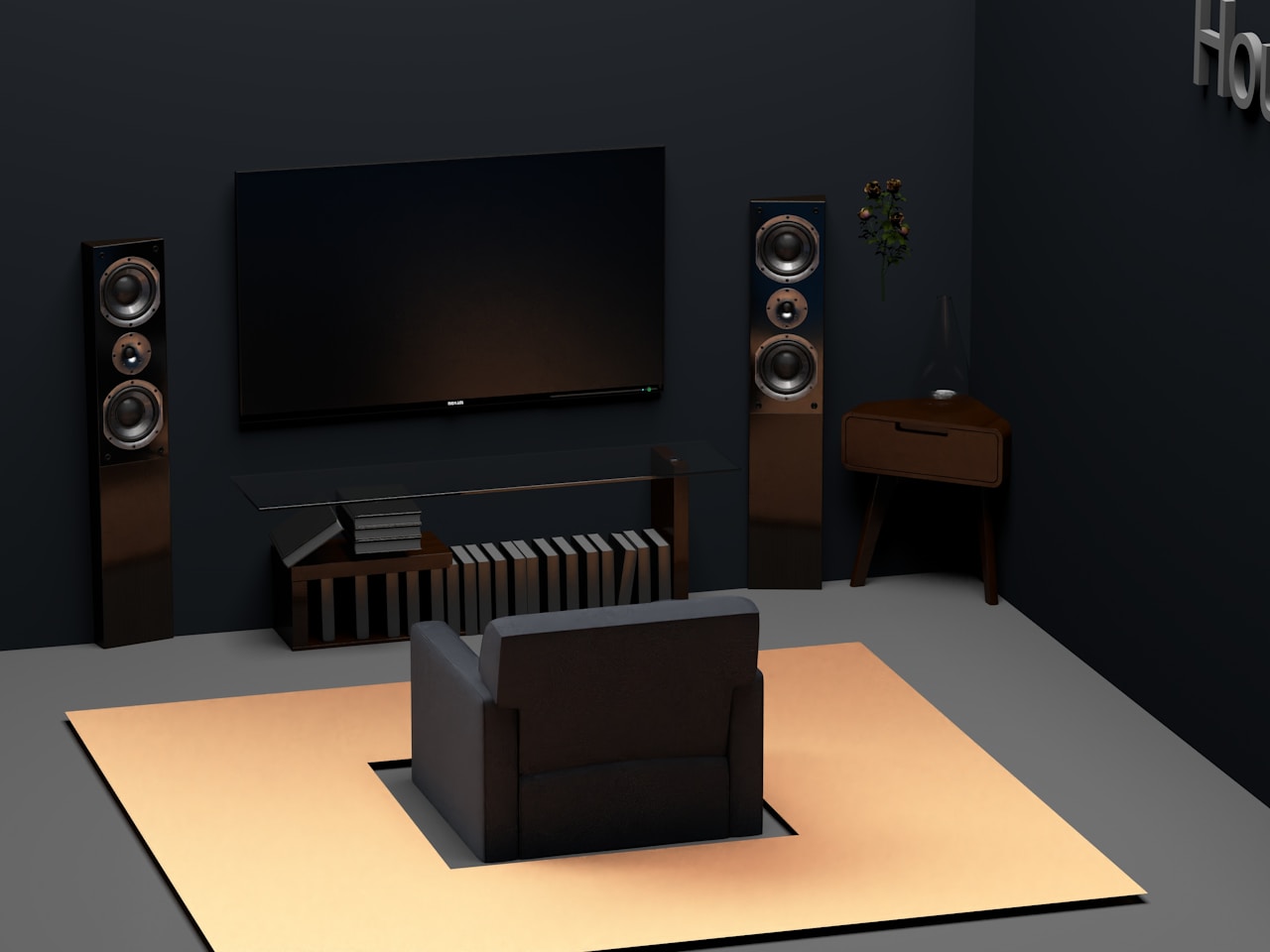 Salon home cinema avec TV et enceintes